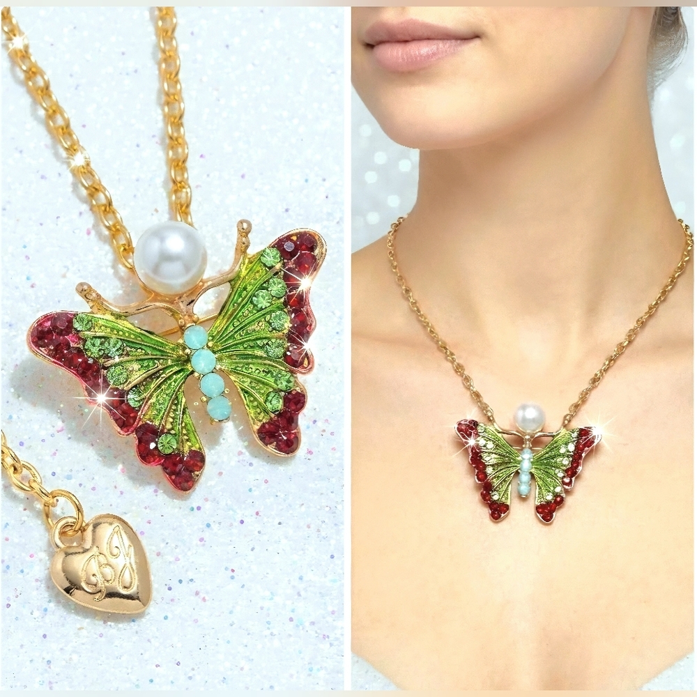 Gold plated red green blue crystal pearl butterfly necklace/brooch